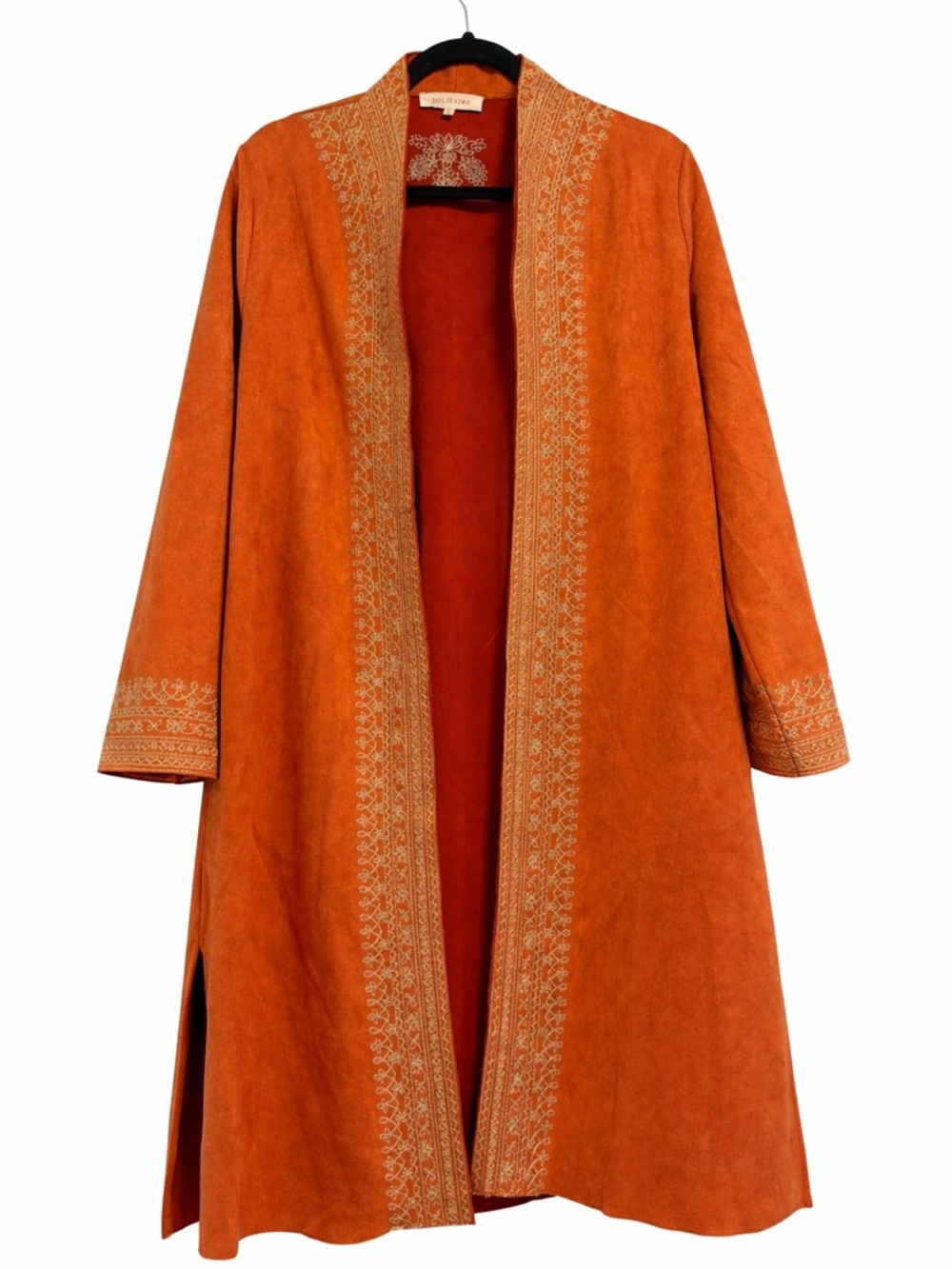 Solitaire Orange Embroidered Suede Open Front Coat
